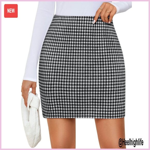 Dresses & Skirts - High Waist Plaid Mini Skirt with Built-in Shorts, Bodycon Pencil Fit